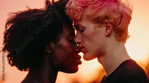 Charming Togetherness Close-Up Portrait of a Mixed-Race Couple in an Affectionate Pose