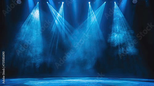 Free stage with lights and smoke, Empty stage with dark blue spotlights, conser, show, party, Presentation concept. dark navy blue spotlight strike on black background. banner design