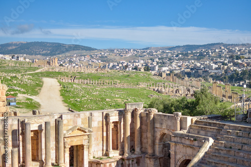 View of the ruins of an ancient Roman city, Jerash archaeological site, Jordan.