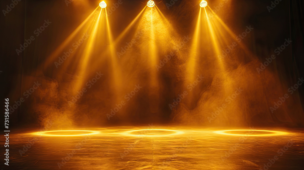 Free stage with lights and smoke, Empty stage with gold yellow spotlights, conser, show, party, Presentation concept.. orange spotlight strike on black background.banner design.empty gold podium stage