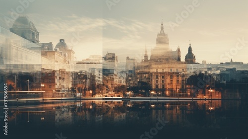 A double exposure of a city in the past and the same city in the present.