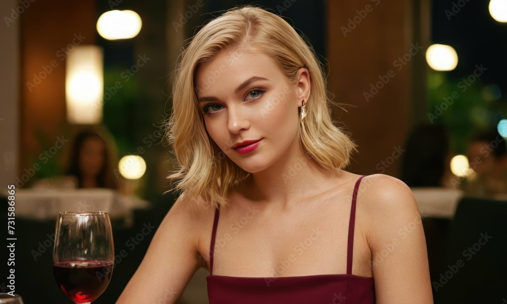 Elegant blond woman at the restaurant, next to a glass of wine. Generative AI
