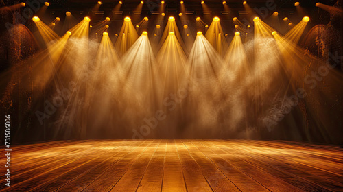 Free stage with lights and smoke, Empty stage with gold yellow spotlights, conser, show, party, Presentation concept.. orange spotlight strike on black background.banner design.empty gold podium stage photo