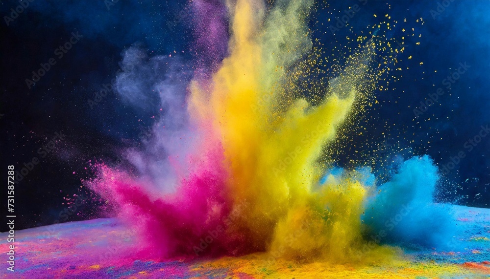 Multicolored powder paint explodes in the air. Abstract brightly colored haze for Holi festival.