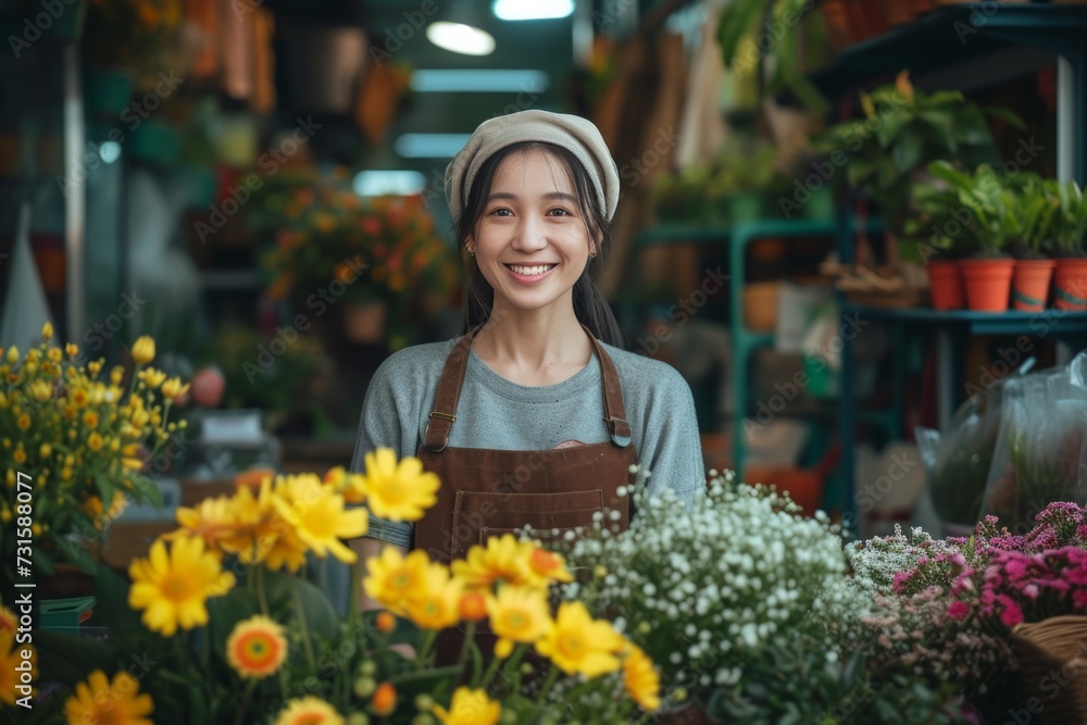 woman selling flowers and plants in a small business