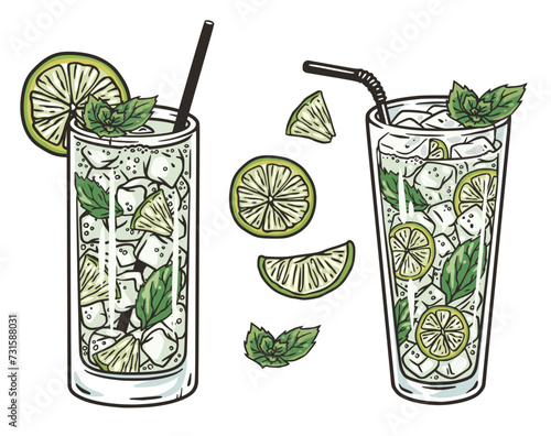 Mojito cocktail vector set with mint and lime for cocktail bar or drink summer party. Gin rickey cocktail with rum, bourbon for beach bar and cafe menu