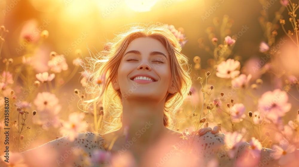 With arms wide open, she embraces the beauty of spring, her smile lighting up the scene With arms wide open, she embraces the beauty of spring, her smile lighting up the scene