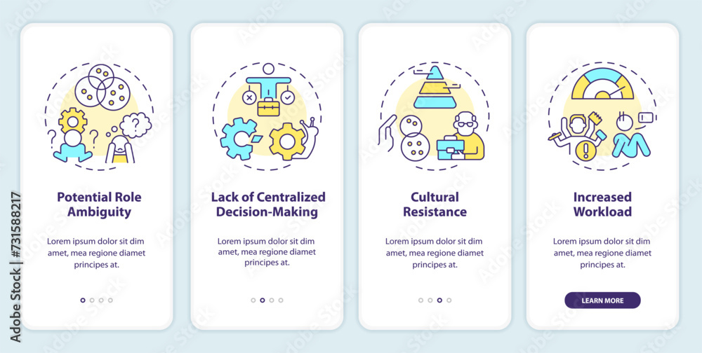 Challenges of holacracy onboarding mobile app screen. Management walkthrough 4 steps editable graphic instructions with linear concepts. UI, UX, GUI template. Myriad Pro-Bold, Regular fonts used