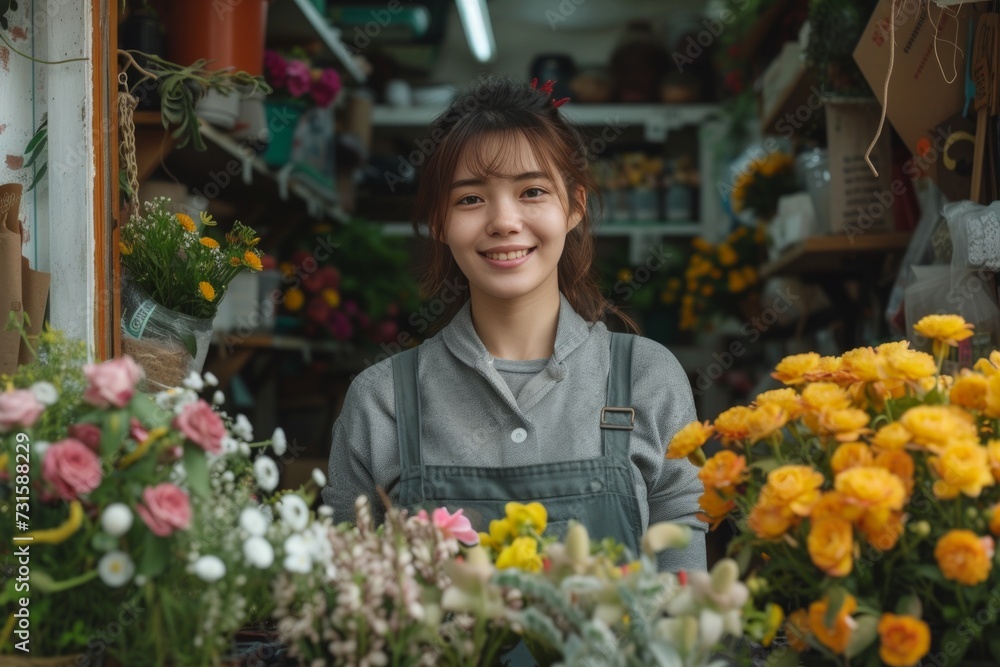 woman selling flowers and plants in a small business