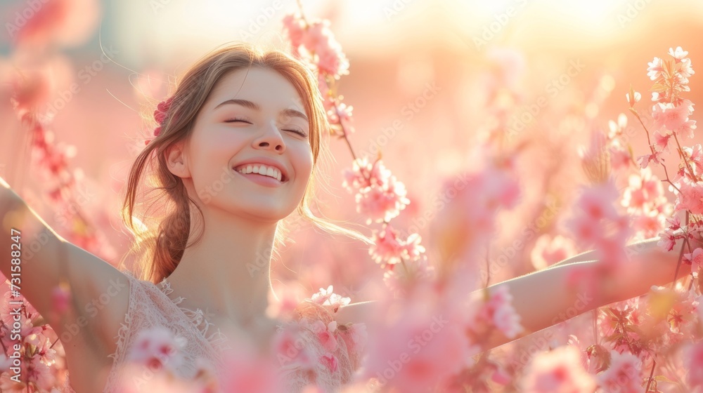 With arms wide open, she embraces the beauty of spring, her smile lighting up the scene