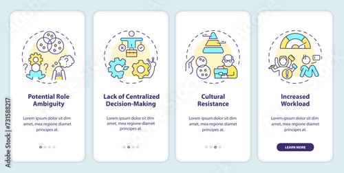 Challenges of holacracy onboarding mobile app screen. Management walkthrough 4 steps editable graphic instructions with linear concepts. UI, UX, GUI template. Myriad Pro-Bold, Regular fonts used © bsd studio