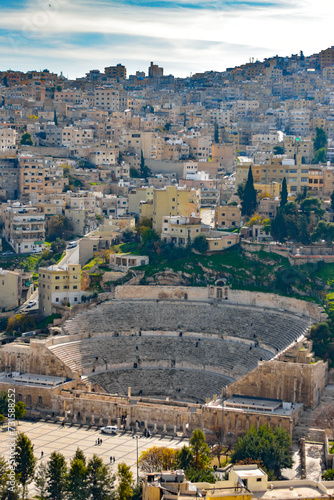 Ancient Roman theater made of stone in the middle of a city, Amman, Jordan.