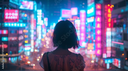 With a backdrop of neon lights, it embodies the spirit of a cyberpunk future