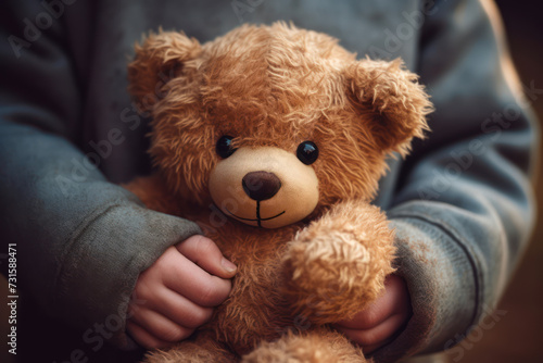 Fluffy teddy bear in the tiny hands of a toddler against a soft-focus background