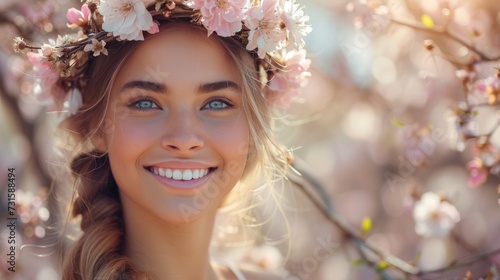 With a garland of fresh blooms, she beams with joy against a backdrop of blossoming trees