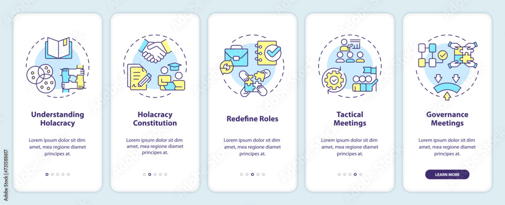 Strategy implementation steps onboarding mobile app screen. Holacracy walkthrough 5 steps editable graphic instructions with linear concepts. UI, UX, GUI template. Myriad Pro-Bold, Regular fonts used