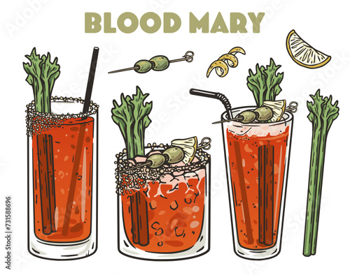 Bloody Mary cocktail vector set with celery, olive and lemon for cocktail bar or drink summer party. Red bloody cocktail with vodka for beach bar and cafe menu