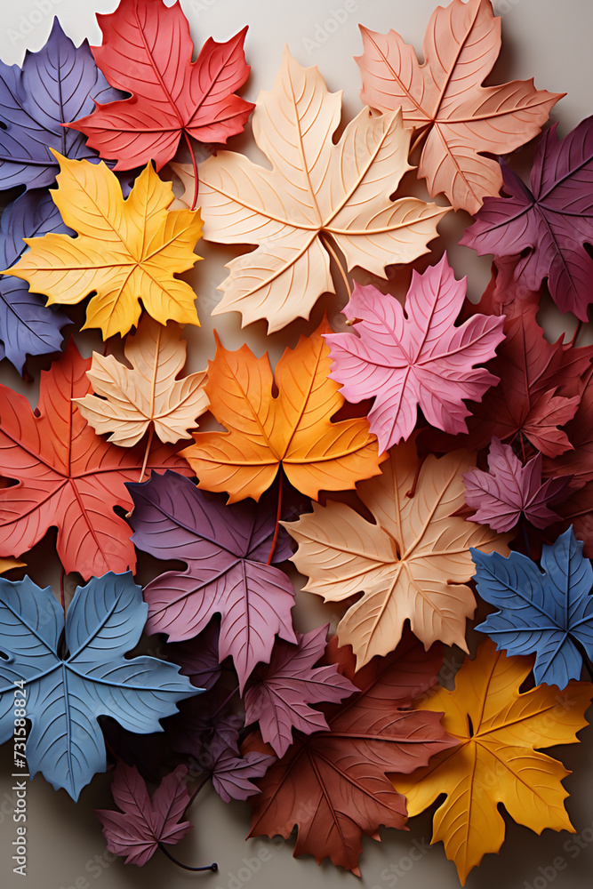 A flat lay Facebook banner image with different colorful maple leaves in order to color tones on white background A flat lay Facebook banner image with different colorful maple leaves in order to color tones on white background