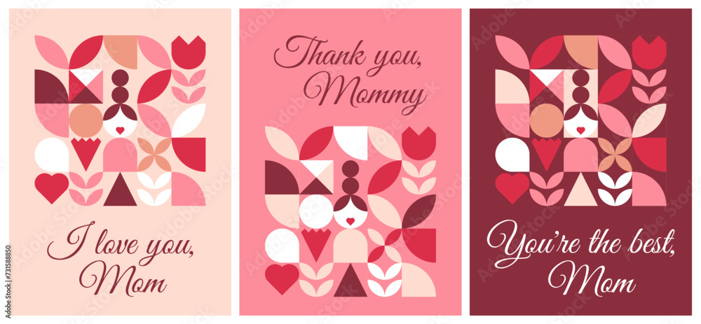 Happy Mothers, Moms Day . Abstract greeting posters set. Trendy geometric shapes with carnation, flower and heart in retro style.  Simple bauhaus vector illustration