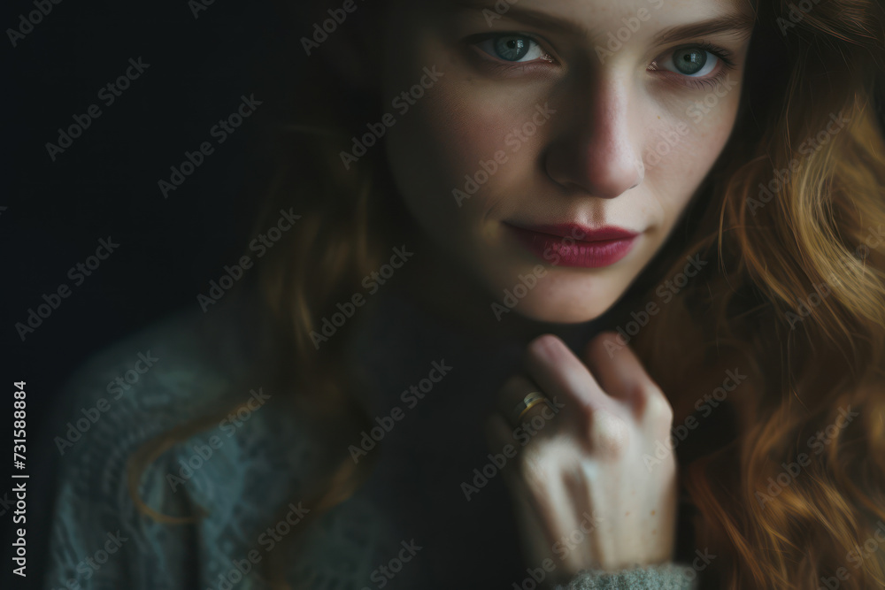 The ring finger with an antique engagement ring, the girl's contemplative expression softly out of focus The ring finger with an antique engagement ring, the girl's contemplative expression softly out of focus