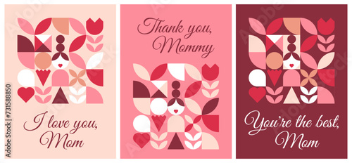 Happy Mothers, Moms Day . Abstract greeting posters set. Trendy geometric shapes with carnation, flower and heart in retro style. Simple bauhaus vector illustration