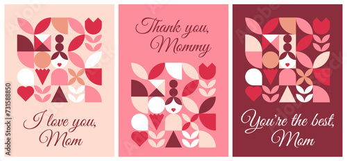 Happy Mothers, Moms Day . Abstract greeting posters set. Trendy geometric shapes with carnation, flower and heart in retro style.  Simple bauhaus vector illustration