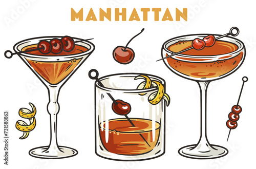 Manhattan cocktail vector set with whiskey, vermouth and cherry for design of bar menu. Alcohol cocktail collection with old fashioned for drink party or tee print