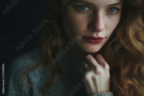 The ring finger with an antique engagement ring, the girl's contemplative expression softly out of focus