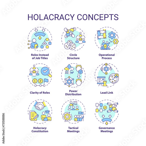 Holacracy structure multi color concept icons. Power distribution. Operational process. Governance meetings. Icon pack. Vector images. Round shape illustrations for promotional material. Abstract idea © bsd studio