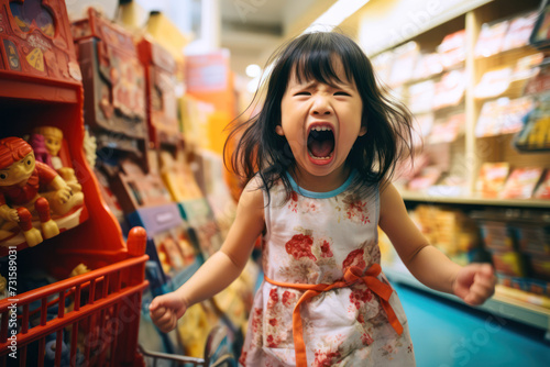 A 3,5-year-old girl, Asian, crying loudly in a toy store photo