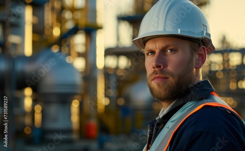 Male engineer at oil refinery, wearing protection construction white helmet and vest.