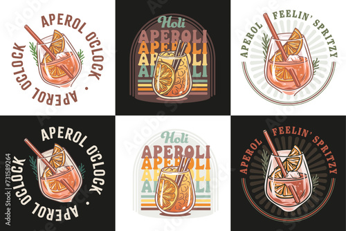 Aperol cocktail vector set with ice and slice of orange for cocktail bar or drink summer party. Aperol spritz or alcohol cocktail collection with gin for tee print of beach bar and cafe menu
