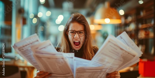 Pissed off woman office worker cluttered with paperwork shouting, concept of a rush at work.