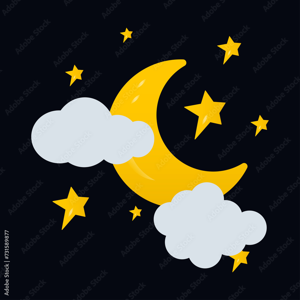 Night sky with crescent moon, stars and clouds. Vector illustration. Night sky with crescent moon, stars and clouds. Vector illustration.
