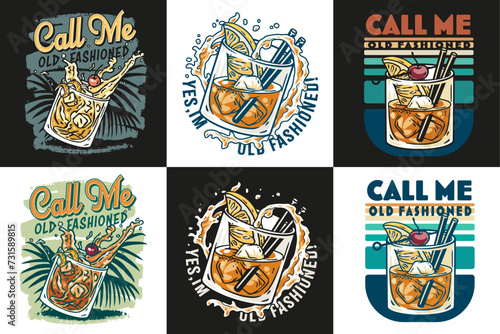 Old fashioned cocktail vector set with ice, cherry and splash for design of bar menu. American alcohol cocktail collection with whisky and bourbon for drink party. Tee print