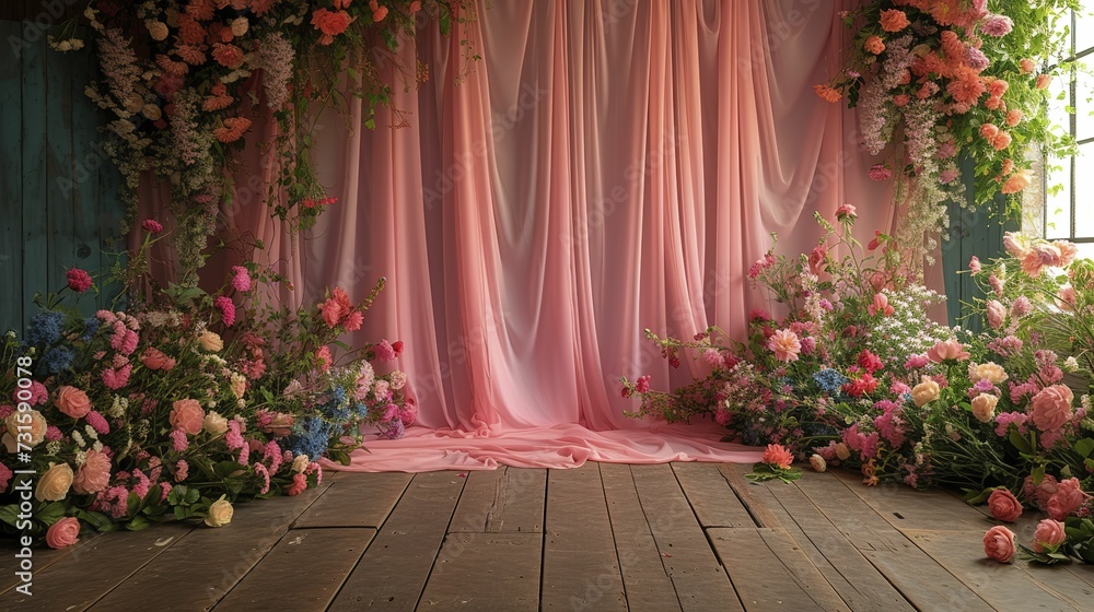 Digital backdrop For Photography featuring luxurious pink drapery with colorful floral and parquet flooring 