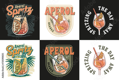 Aperol cocktail vector set with ice and slice of orange for cocktail bar or drink summer party. Aperol spritz or alcohol cocktail collection with gin for tee print of beach bar and cafe menu