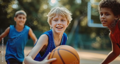 Boys happily playing the basketball on basketball court basketball training outside.