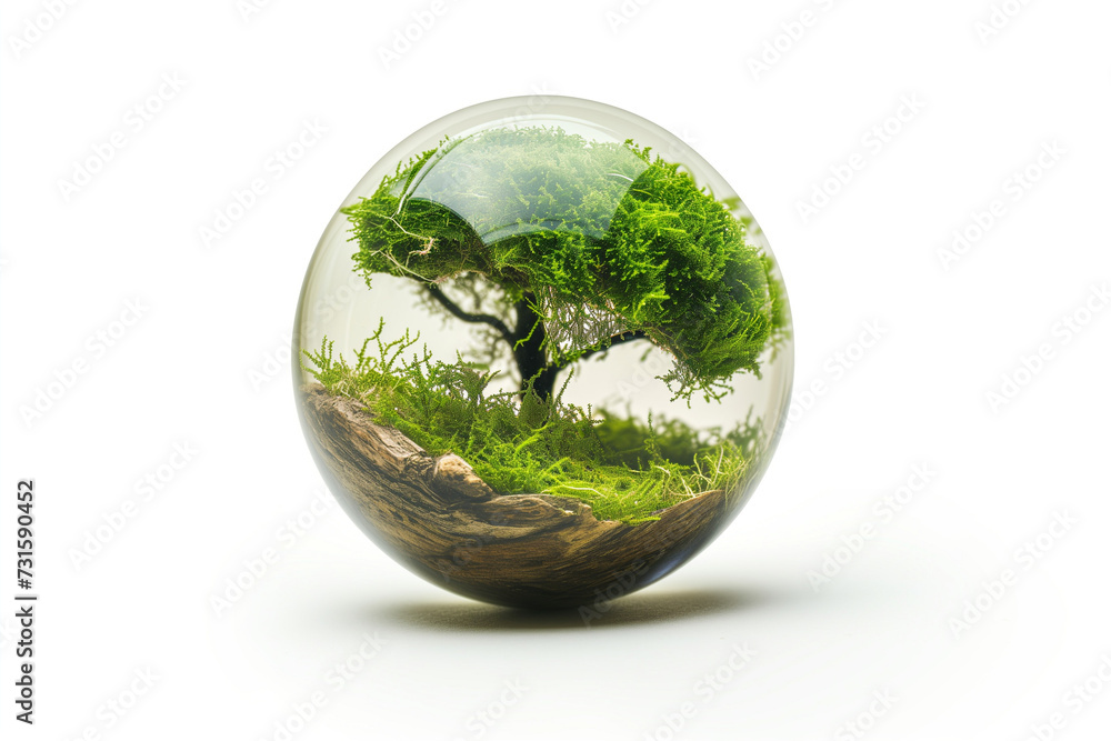 Tree with soil and grass in transparent ball on white background Tree with soil and grass in transparent ball on white background