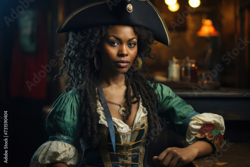Portrait of an African female pirate, about 33 years old, with a stern expression, sitting in a dimly lit tavern