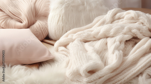 Cozy homely atmosphere. Female hobby knitting. Yarn in warm colors. Pink, peach, beige, white and green. The beginning of the process of knitting