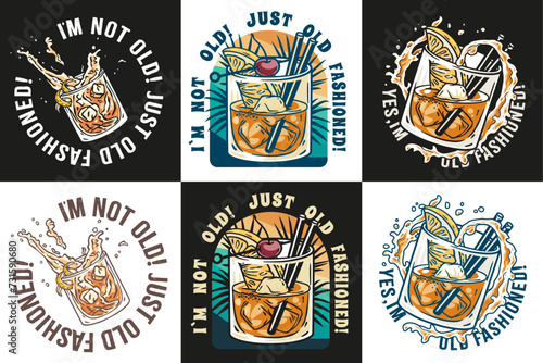 Old fashioned cocktail vector set with ice, cherry and splash for design of bar menu. American alcohol cocktail collection with whisky and bourbon for drink party. Tee print