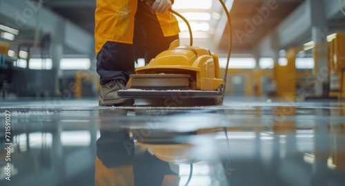 Worker polishing hard floor with high speed polishing machine. photo