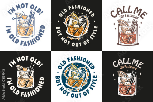 Old fashioned cocktail vector set with ice, cherry and splash for design of bar menu. American alcohol cocktail collection with whisky and bourbon for drink party. Tee print