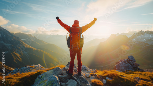 Awe-Inspiring Ascent Hiker Raises Arms in Mountain Triumph