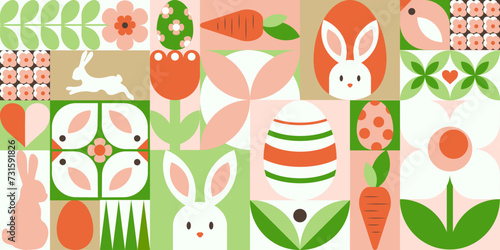 Geometric abstract seamless pattern for Happy Easter day poster, banner, cover, wrapping, sale promotion template. Trendy vector illustration with bunny, Easter egg, flowers, simple forms. Neo geo art