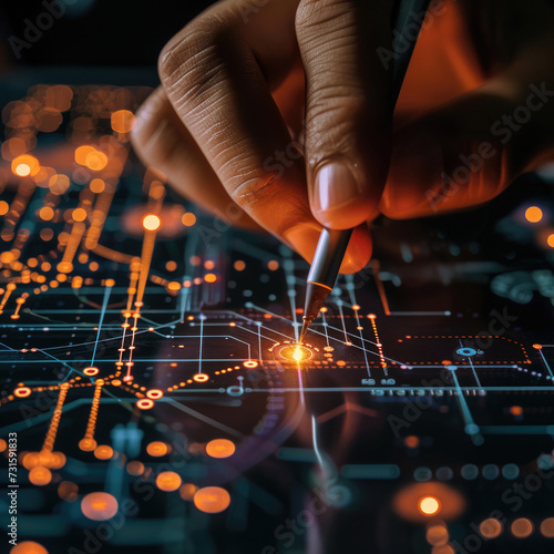 Abstract background with hand holding stylus or pen and digital dashboard with indicator lights. Concept of cyber data processing