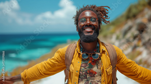 Contented Explorer Black Man Tourist Beams with Joyful Satisfaction