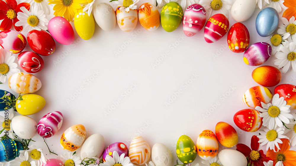 Obraz premium a frame crafted from a collection of vibrant Easter eggs, takes center stage against a clear white background to insert your text or image in it 