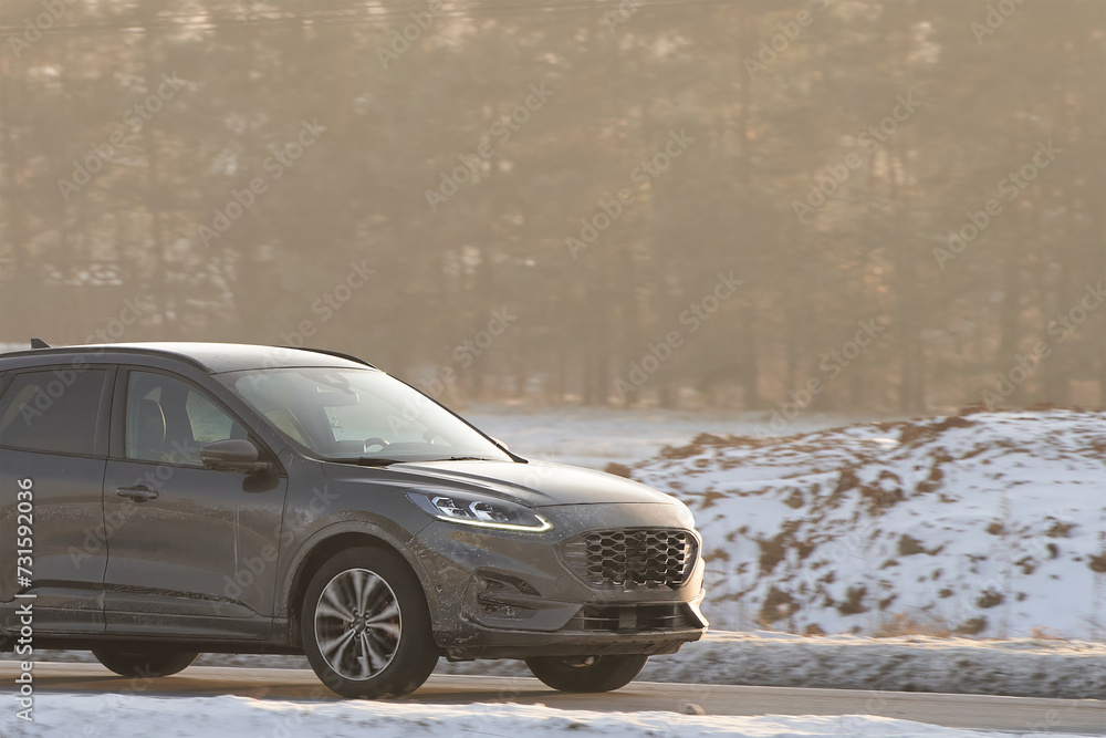 A car covered with salt and ice suffers from corrosion and rust. The road reagent damages the paint and metal of the vehicle. The frosty weather creates a beautiful but harsh landscape. A car covered with salt and ice suffers from corrosion and rust. The road reagent damages the paint and metal of the vehicle. The frosty weather creates a beautiful but harsh landscape.